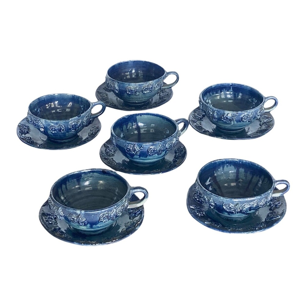 Vintage 50s Mexican Artisan Blue Drip Glaze Ceramics Cups Saucers Sets 6